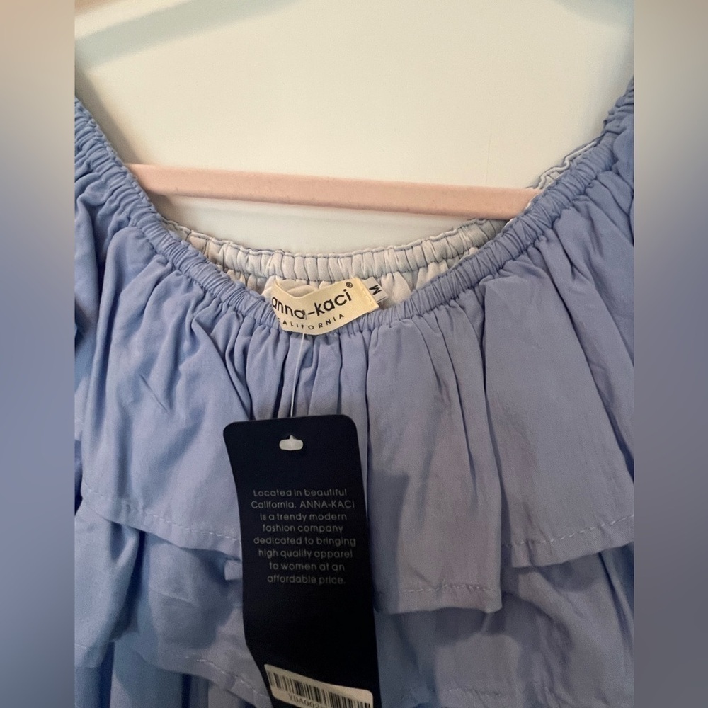 Off-Shoulder Light Blue Ruffled Maxi Dress - Picture 3 of 8